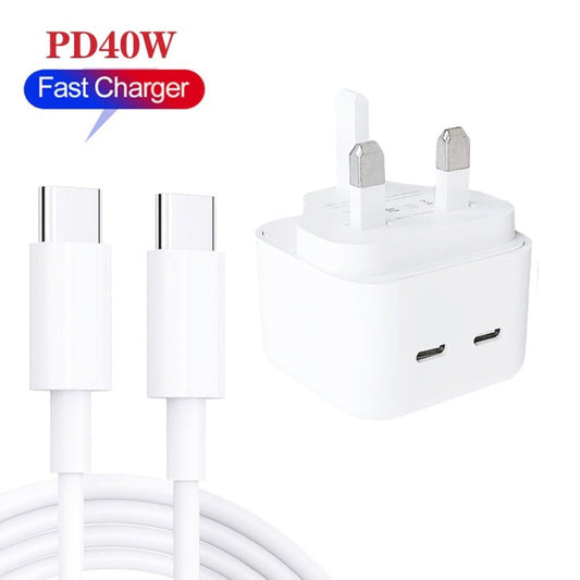 SDC - 40W Dual PD USB - C / Type - C Ports Charger with Type - C to Type - C Data Cable, UK Plug, UK Plug + 1m Type - C Cable, UK Plug + 2m Type - C Cable - ORIWHIZ