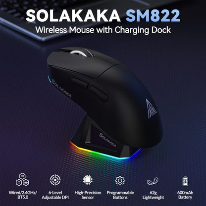 SOLA SM822 Tri - Mode 24000DPI 1000Hz Wireless Gaming Mouse with RGB Charging Dock - ORIWHIZComputer & NetworkingMice & KeyboardWireless Mice