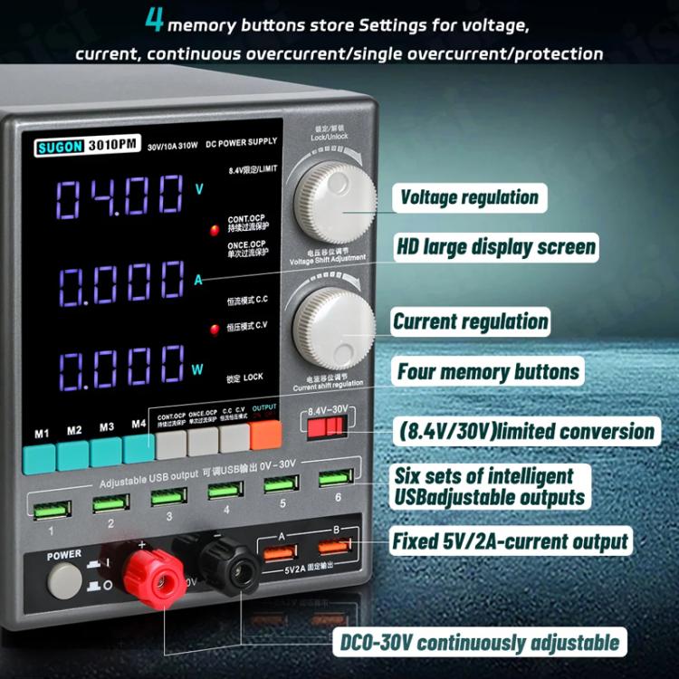 SUGON 3010PM 150W 30V 10A 4 Digital Display Cell Phone Repair Power Meter, EU Plug, US Plug - ORIWHIZ