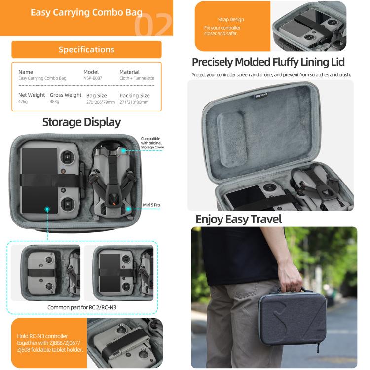 Sunnylife Carrying Hard Travel Storage Bag, For DJI Lito 1 / X1 / Mini 5 Pro Body Bag, For DJI Lito 1 / X1 / Mini 5 Pro Easy Combo Bag, For DJI Lito 1 / X1 / Mini 5 Pro Battery Combo Bag, For DJI RC 2/1 / RC - N3/2/1 Controller Bag - ORIWHIZCarry Cases & BagsDJI & Insta360 AccessoriesDJI Mini Series