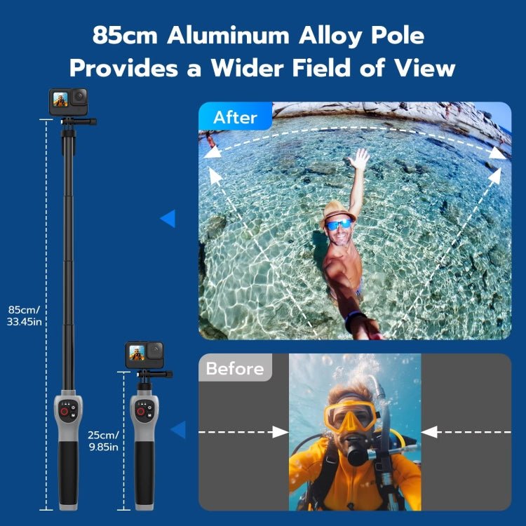 TELESIN 0.85m Underwater Selfie Stick Wireless Remote Control For GoPro HERO12 Black / HERO11 Black / HERO10 Black / HERO9 Black / HERO8 Black, Selfie Stick - ORIWHIZDJI & Insta360 AccessoriesStabilizer GripTELESIN