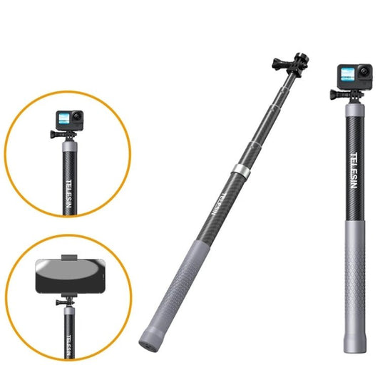 Palo selfie monopie de fibra de carbono TELESIN de 1.2 m con tornillo de 1/4 para cámaras de acción, 1.2 m - Accesorios ORIWHIZDJI e Insta360. Palo extensible TELESIN.
