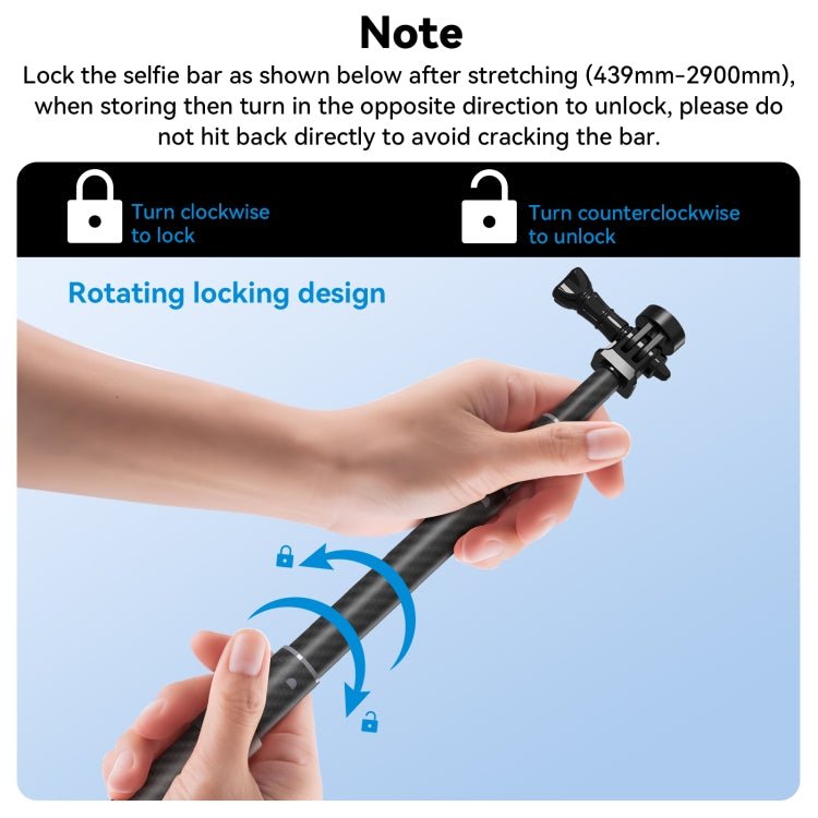 TELESIN 3M Carbon Fiber Selfie Stick Monopod With 1/4 Screw For Action Camera, 3m - ORIWHIZDJI & Insta360 AccessoriesExtendable PoleTELESIN