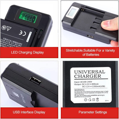 Universal Cell Phone Battery Charger with USB Output & LCD Display, US Plug, 800mA/1300mA - ORIWHIZ