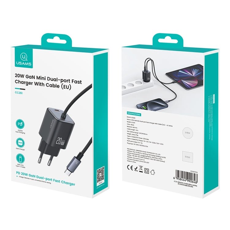 USAMS CC261 20W GaN Mini Type - C / USB - C Dual Port Fast Charger with Cable, CC261 - ORIWHIZ