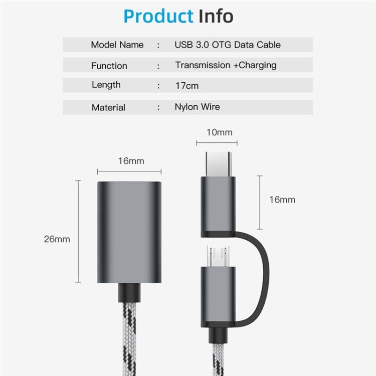 USB 3.0 Female to Micro USB + USB - C / Type - C Male Charging + Transmission OTG Nylon Braided Adapter Cable, Cable Length: 17cm, Micro USB 17cm Grey, Micro USB 17cm Gold - ORIWHIZ