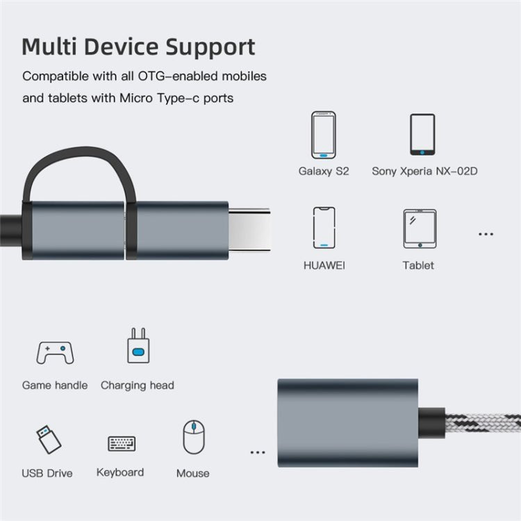 USB 3.0 Female to Micro USB + USB - C / Type - C Male Charging + Transmission OTG Nylon Braided Adapter Cable, Cable Length: 17cm, Micro USB 17cm Grey, Micro USB 17cm Gold - ORIWHIZ