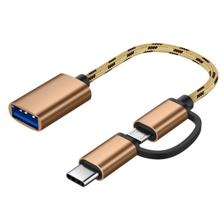 USB 3.0 Female to Micro USB + USB - C / Type - C Male Charging + Transmission OTG Nylon Braided Adapter Cable, Cable Length: 17cm, Micro USB 17cm Grey, Micro USB 17cm Gold - ORIWHIZ