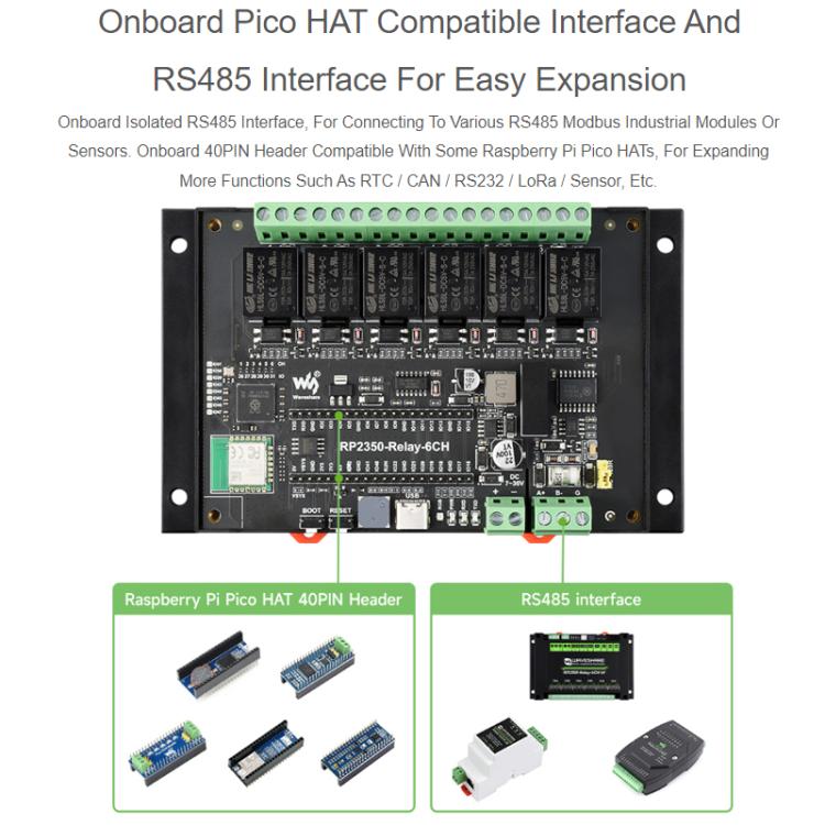 WAVESHARE RP2350 Industrial Control Board 6 - Channel Relay Module, Based On RP2350 Microcontroller, Supports Wxternal Interfaces RS485 And Pico, With Wi - Fi Module - ORIWHIZArduino & SCM SuppliesConsumer ElectronicsRelay Module