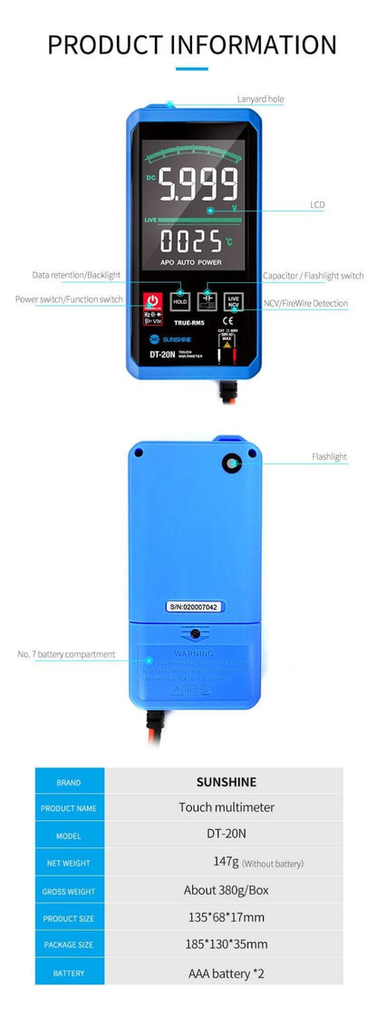 Multímetro digital SUNSHINE DT-20N, totalmente automático, de alta precisión, con pantalla táctil a color, medición de voltaje CA/CC, corriente y resistencia - ORIWHIZ
